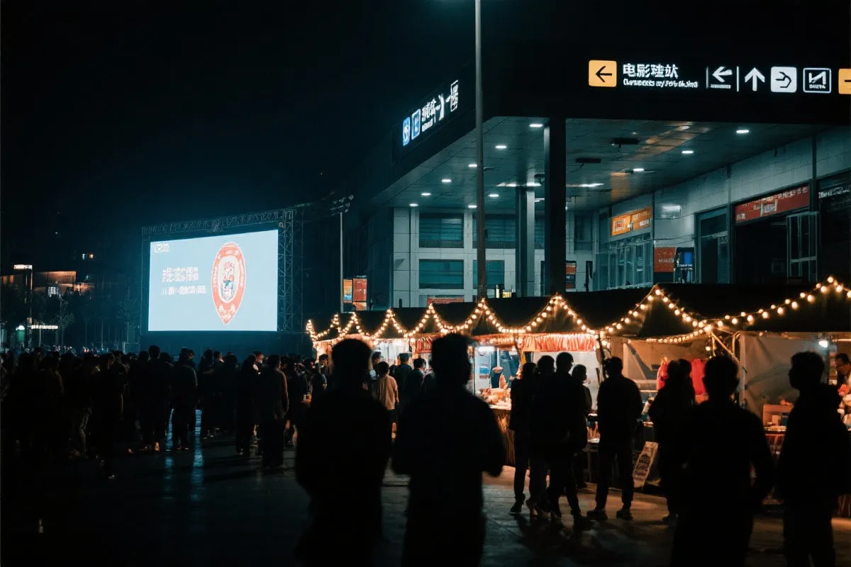 费城球迷广场夜景：大屏观赛人群、步行指示牌与公共交通入口